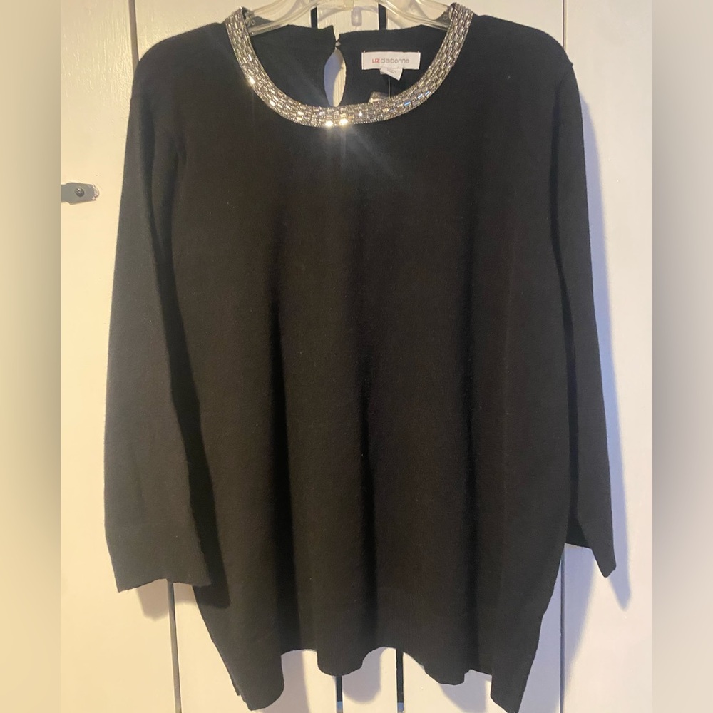 Liz Claiborne Black Top with Silver Embellished Neckline